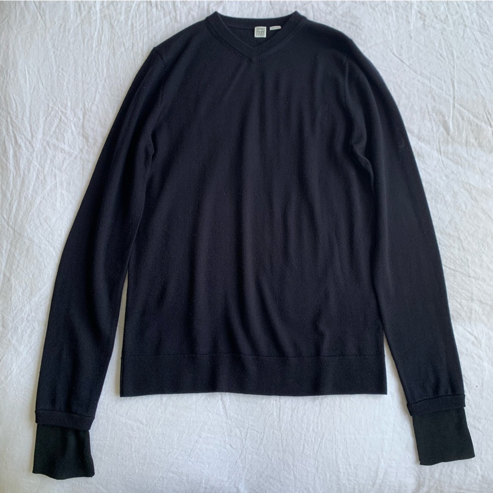 Toteme Two Tone High V Neck Knit Wool Silk Cuff Sweater Navy Blue - Picture 6 of 16